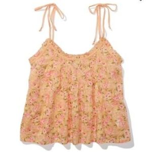 American Eagle Lace Trim Floral Pintuck Babydoll Swing Cami